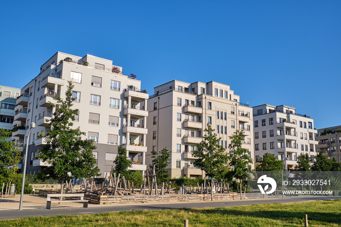 Development area with modern townhouses seen in Berlin, Germany