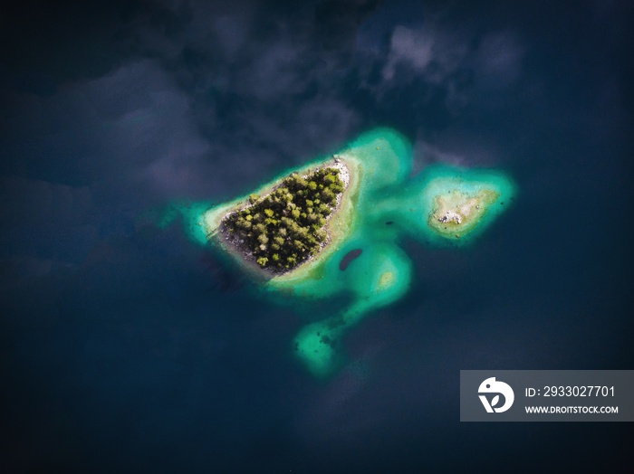 Aerial view of the turtle island in Lake Eibsee in Bavaria, Germany