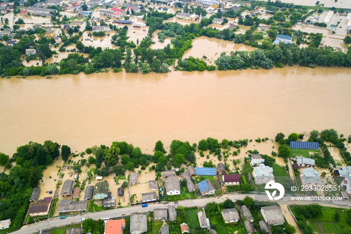 Aerial view of Dnister river with dirty water and  flooded houses in Halych town, western Ukraine.