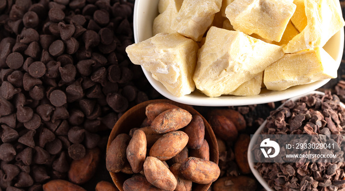 Stages of Chocolate Production Cocoa Nibs Cocoa Butter Cocoa Beans and Chocolate Chips