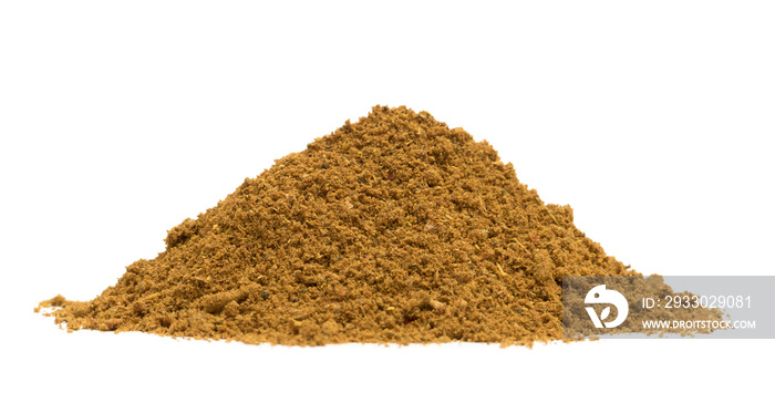 Bio organic ras el hanout spice pile isolated on white background, low angle view