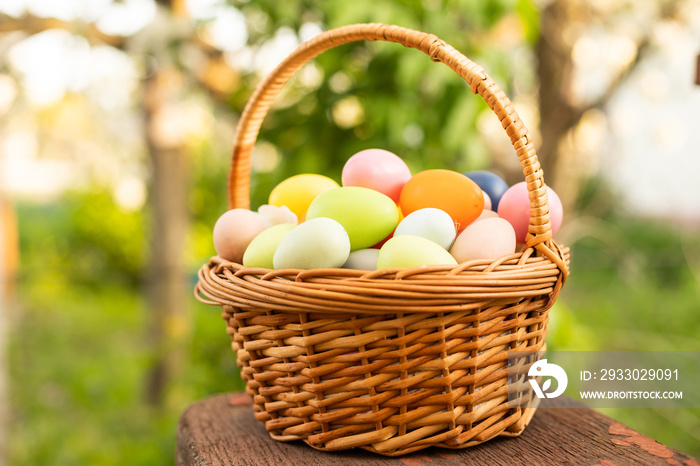 Close up of colorful Easter eggs in a basket