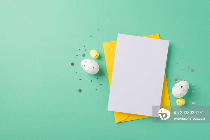 Top view photo of easter decorations glowing confetti yellow envelope paper card and easter eggs on isolated pastel green background with blank space