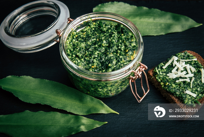 Pesto made with Allium ursinum leaves, known as wild garlic, ramsons, buckrams, broad-leaved garlic, wood garlic, bear leek or bear’s garlic. Jar, rye bread butter. Dramatic colors.