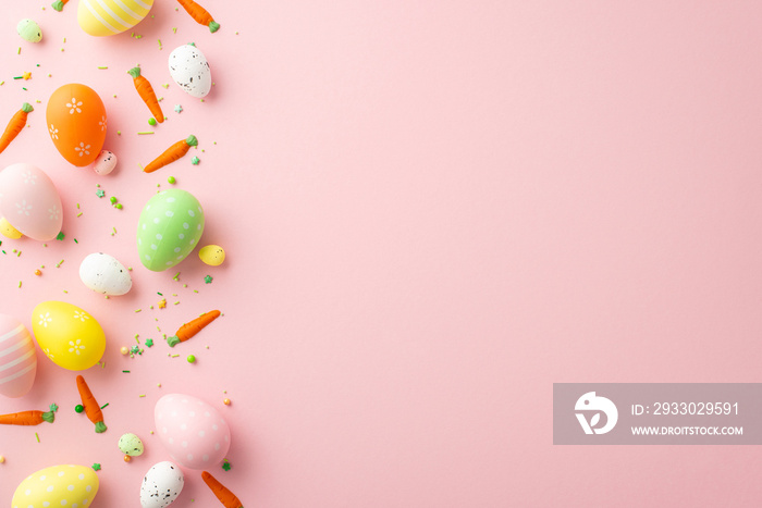 Easter celebration concept. Top view photo of orange green yellow easter eggs small carrots and sprinkles on isolated light pink background with empty space