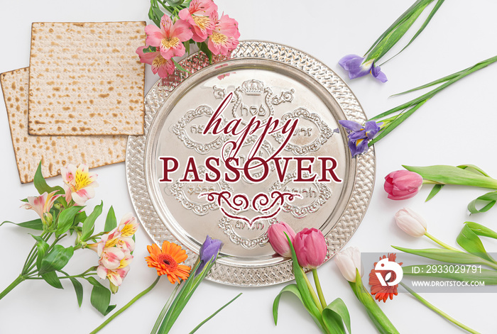 Banner for Happy Passover celebration with Jewish flatbread and Seder plate on white background