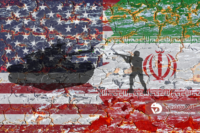 Concept of Conflict between USA and Iran war America and Iran flags on split up cracked earth ground