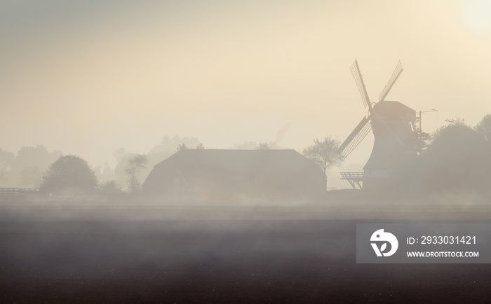 Ostfriesische Windmühle mit Bauernhaus im Nebel südlich von Neuharlingersiel im Herbst