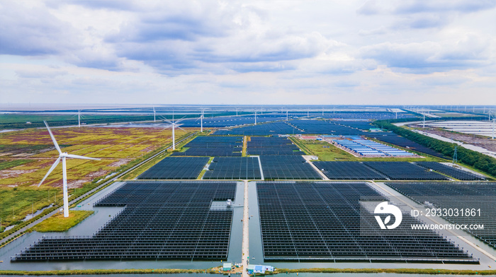 Aerial photography of an industrial park combining wind power generation, photovoltaic power generation and fish farming in Dongtai City, Yancheng City, Jiangsu Province, China