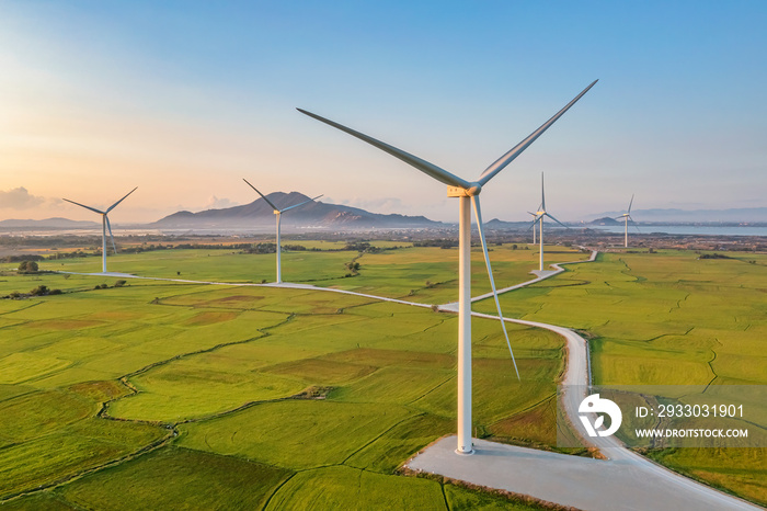 Panoramic view of wind farm or wind park, with high wind turbines for generation electricity with copy space. Green energy concept. Ninh Thuan, Vietnam