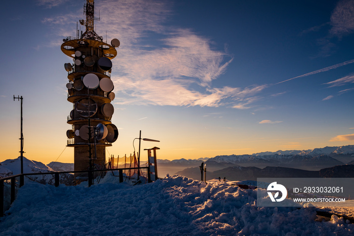 Transmission towers in the mountains. Alps - Dolomites