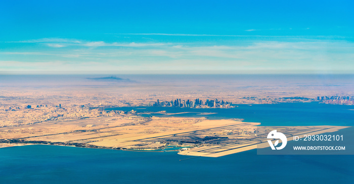 Aerial view of Doha and Hamad International Airport. Qatar, the Middle East