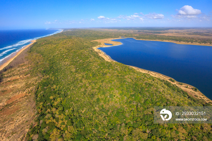 Aerial view of Sodwana Bay National Park within the iSimangaliso Wetland Park, Maputaland, an area of KwaZulu-Natal on the east coast of South Africa.