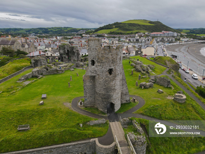 Aberystwyth Castle Tower Overlooking The Ocean At Ceredigion, Wales UK