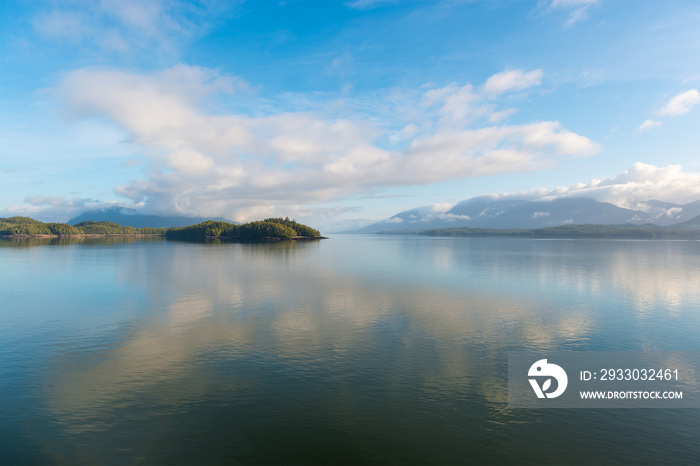 Inside Passage cruise landscape at sunrise between Prince Rupert and Port Hardy, Vancouver Island, British Columbia, Canada.