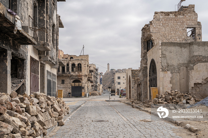 City of Aleppo and destroyed building in Syria