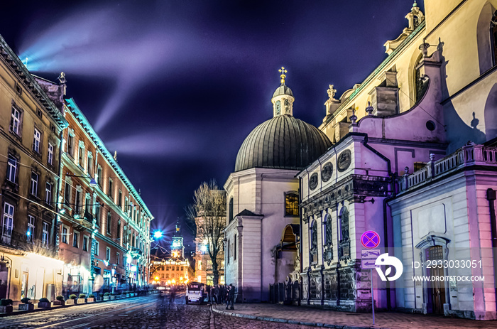 Scenic night Lviv cityscape architecture on the long exposure