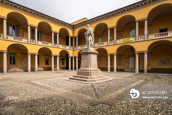 Courtyard of University of Pavia with statue of Alessandro Volta. It is considered one of the oldest university in the world.