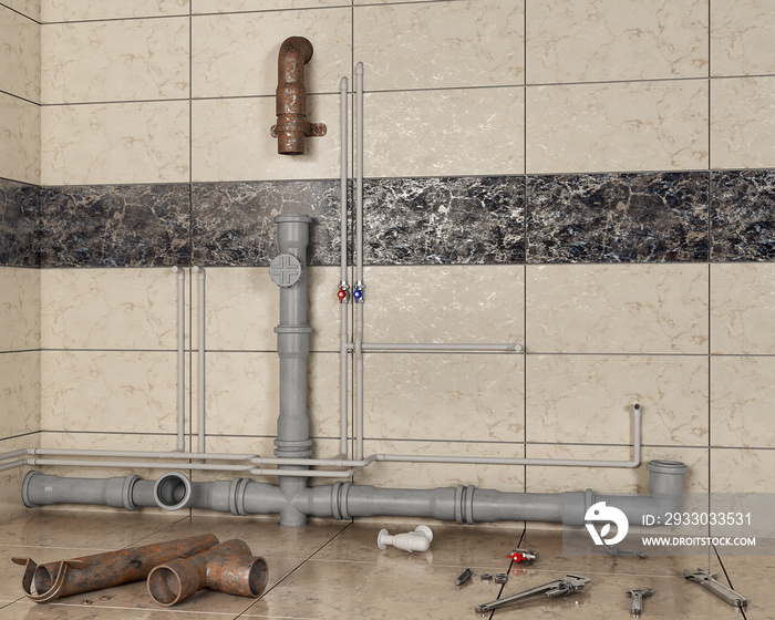 Changing rusty old pipes with new pipes in bathroom interior, 3d illustration