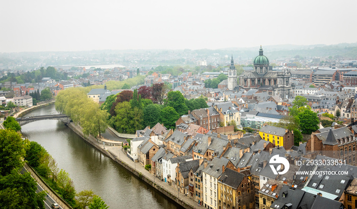 Old houses rooftops panorama with St Aubin’s Cathedral and Sambra river in the historical city center of Namur, Wallonia, Belgium