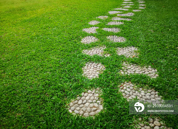 Curve pattern walkway of gravel stepping stone on fresh green grass yard, smooth carpet lawn in the public park