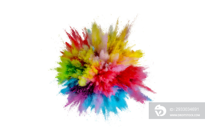 Colored powder explosion. Abstract closeup dust on backdrop. Colorful explode. Paint holi