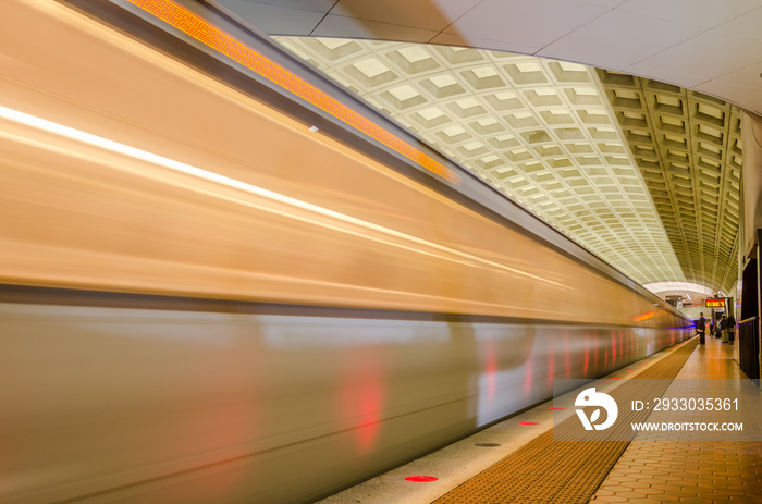 Subway Train in Motion Arriving at a Station