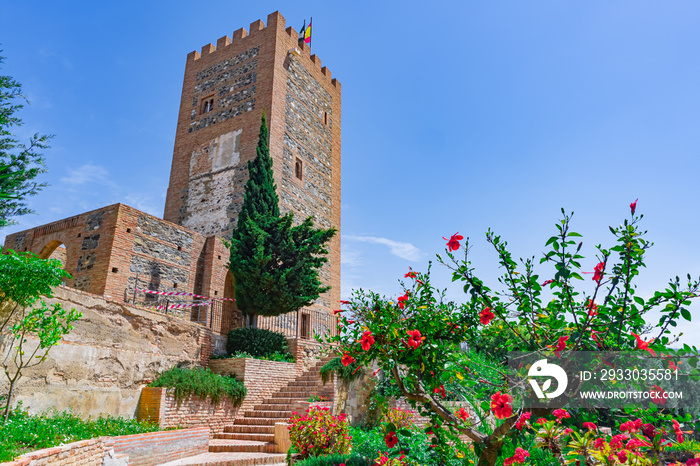 Torre del homenaje de castillo, fortaleza o alcazaba vista desde los jardines contra un cielo azul de un bonito día soleado. Desde Vélez, Málaga, Andalucía, España.