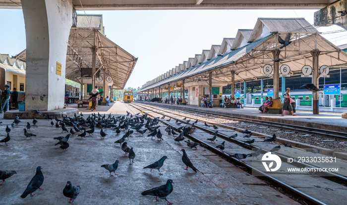 A train coming to flatform at the Central Railway Station in Yangon, Myanmar. Yangon is the country main centre for trade, industry and tourism.