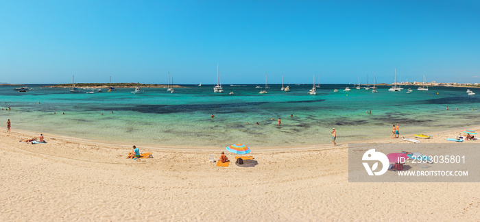 Beach wide panoramic landscape with turquoise clear waters in Majorca, Es Carbo near Colonia Sant Jordi in Balearic Islands