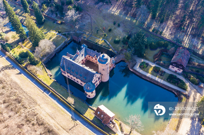 Aerial view, moated castle Mespelbrunn, Elsava valley, Spessart, Lower Franconia, Franconia, Bavaria, Germany