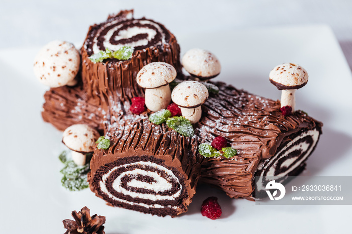 French dessert called Yule log or bûche de Noël with merengue mushrooms and mint leaves on top of chocolate glazing. Placed in front of Christmas tree. Decorated for Christmas Holidays or New year