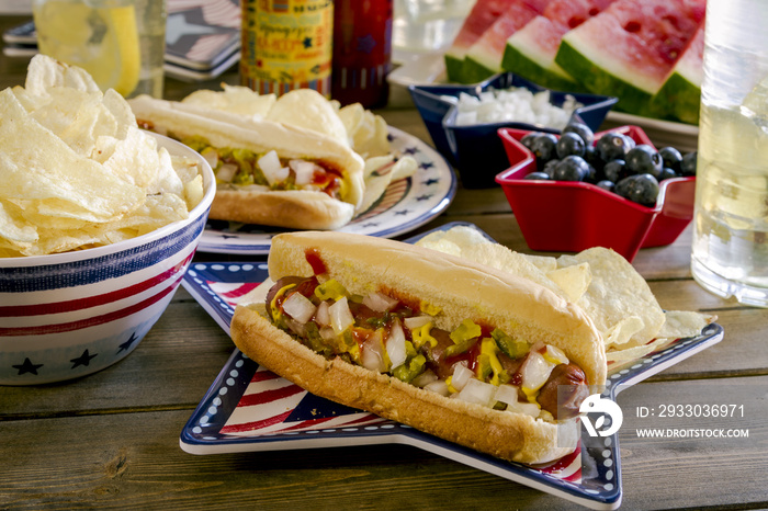 Summer holiday picnic with hot dogs and chips