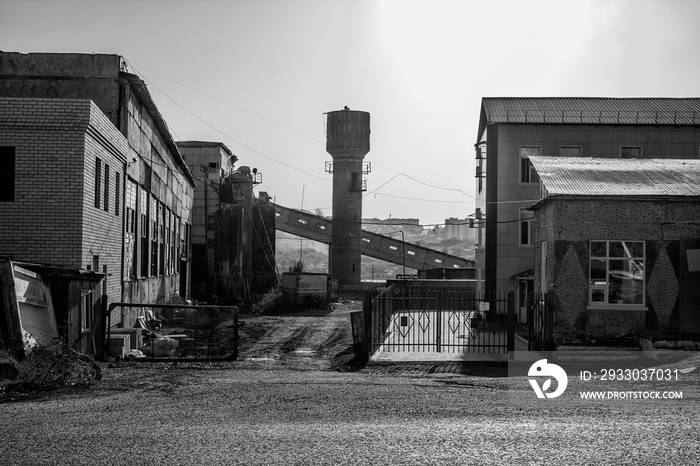 Grunge industrial landscape. Old soviet industrial building.