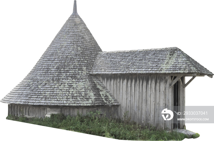 Isolated PNG cutout of a wooden medieval hut on a transparent background, ideal for photobashing, matte-painting, concept art