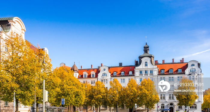 View on historical buildings at Prinzregentenplatz in Munich Bogenhausen, Germany