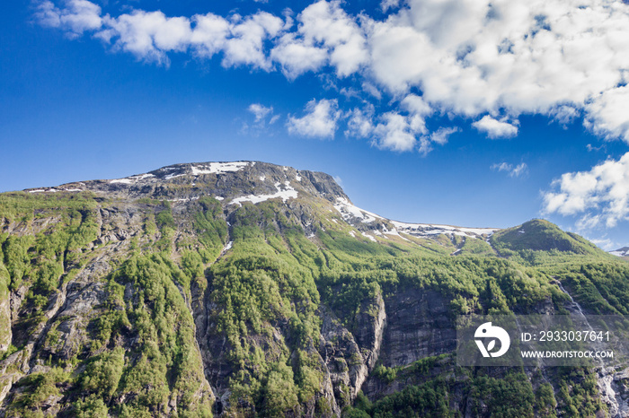 Beautiful and imposing Norwegian fjord in spring with its waterfalls