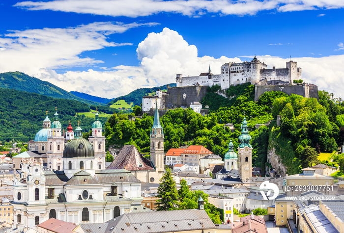Salzburg, Austria. Old town with Festung Hohensalzburg fortress and Salzburger Dom.