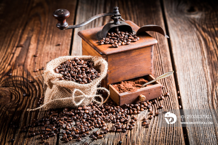 Coffee grinder and beans