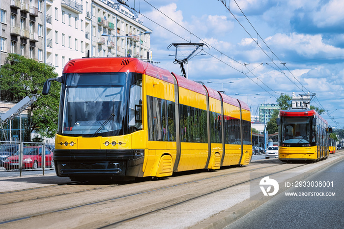 Trolleys on road in Warsaw city center