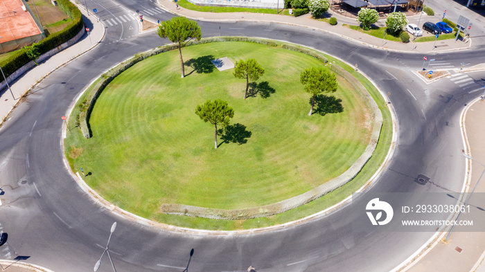 Aerial view on a roundabout road junction