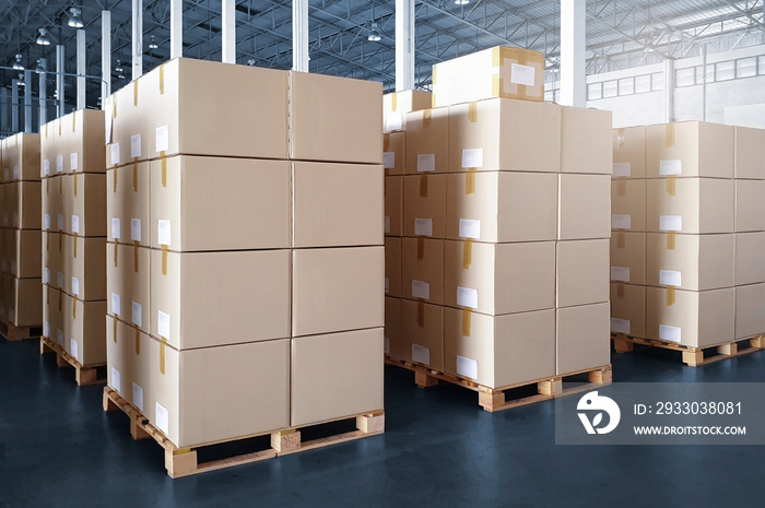 Packaging Boxes on Pallets Racks in Storage Warehouse. Supply Chain. Storehouse Shipment Goods. Distribution Warehouse Shipping Logistics.