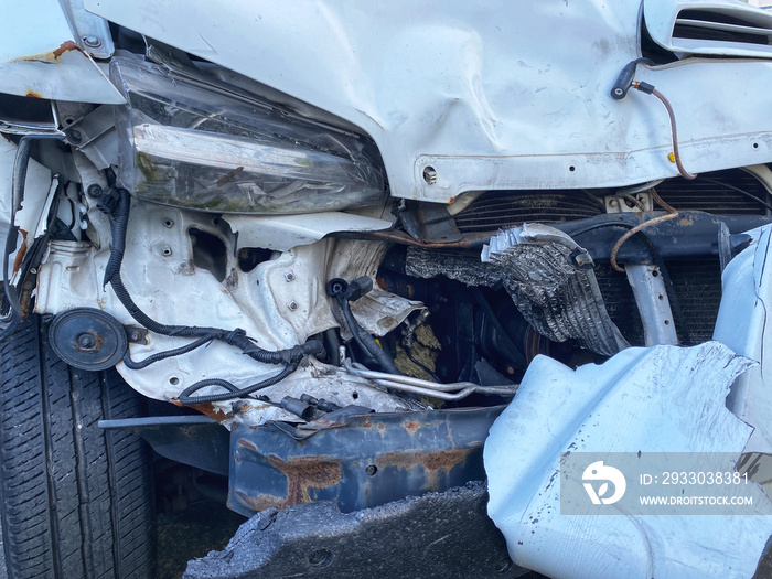 Van front damaged due to accident - Automotive insurance coverage, repair, garage concept