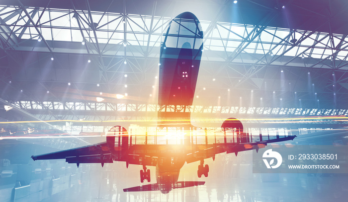 Take off of an aircraft with double exposure of airport