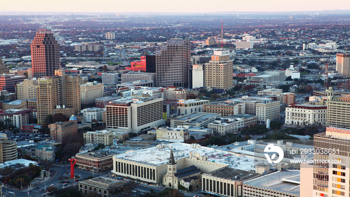 Aerial of San Antonio city center at twilight