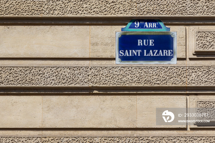 Rue Saint Lazare street sign (Street Saint Lazare), one of the most famous streets in Paris, France.