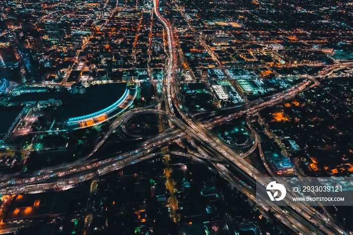 Aerial view of a massive highway in Los Angeles, CA at night