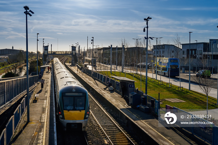 Dublin transportation hub for tram, train and bus in Broombridge station, illustrates lower number of commuters during epidemics Covid 19, coronavirus