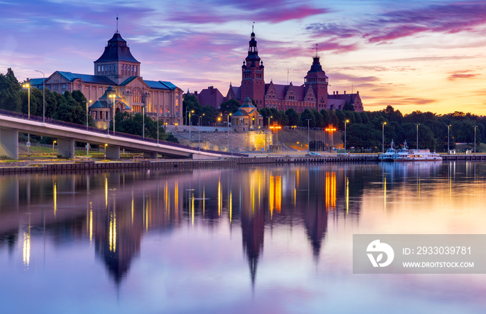 Szczecin. City embankment in the historical part of the city at dawn.