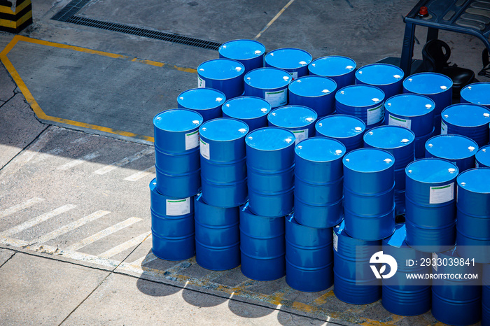 Top view oil barrels blue or chemical drums horizontal